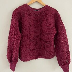 Zara Burgundy Ruffle Textured Crewneck Sweater